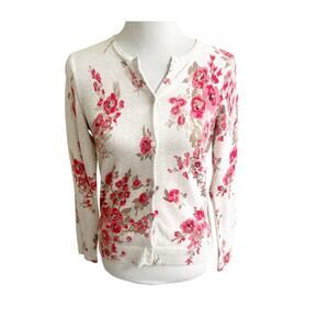 Croft & Barrow Cardigan Women's SP Cream Pink Floral Cotton Button Front Outdoor